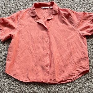 Uniqlo Shirt Womens Sz S Linen Blend Short Sleeve Button Front Top Crop Neutral